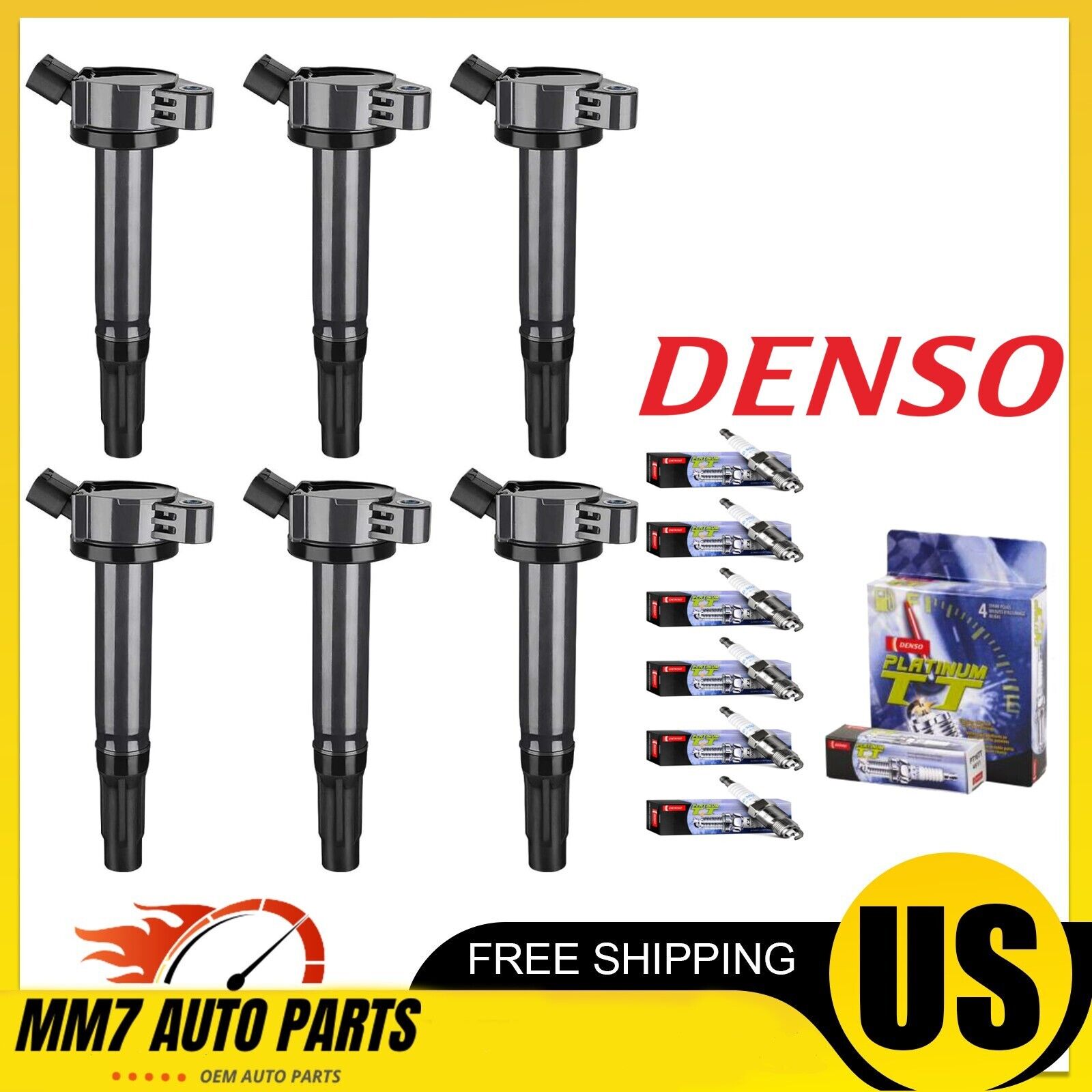 Set of 6 Denso Platinum TT Spark Plug + 6 Ignition Coil For Toyota Lexus Camry