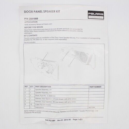Polaris Door Panel Speaker Kit Part Number - 2881989