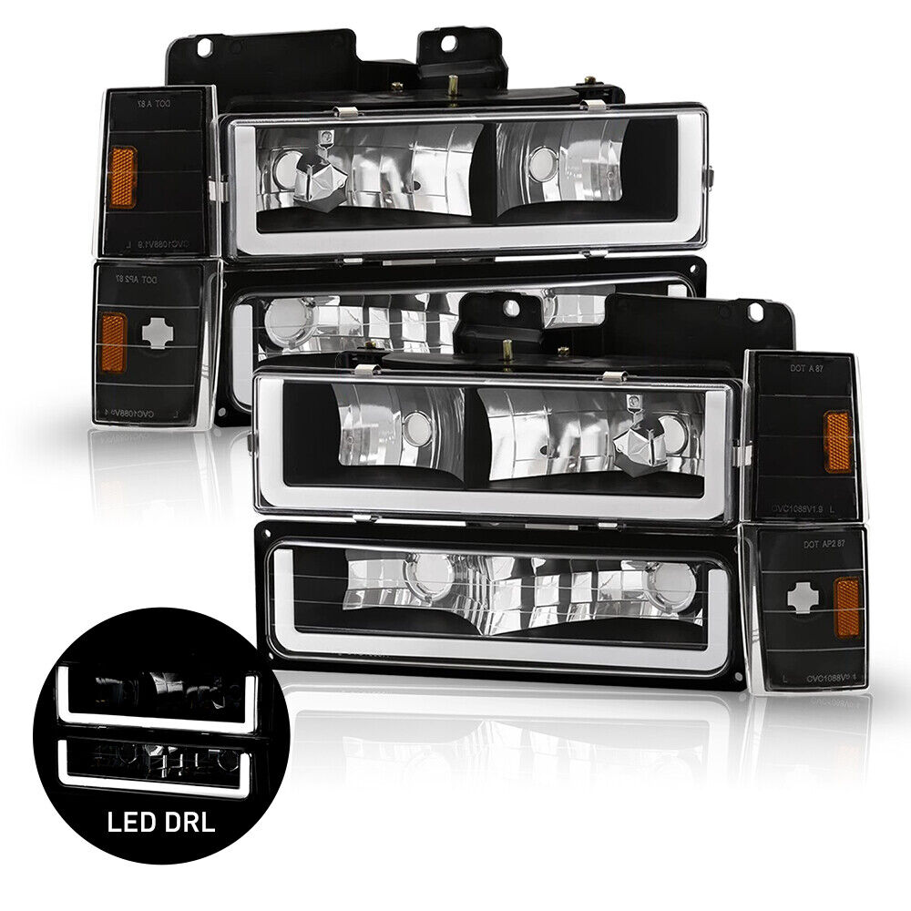 Fits 94-98 Chevy C10 C/K 1500 DRL LED Tube Black Headlights+Corner+Bumper Lamps