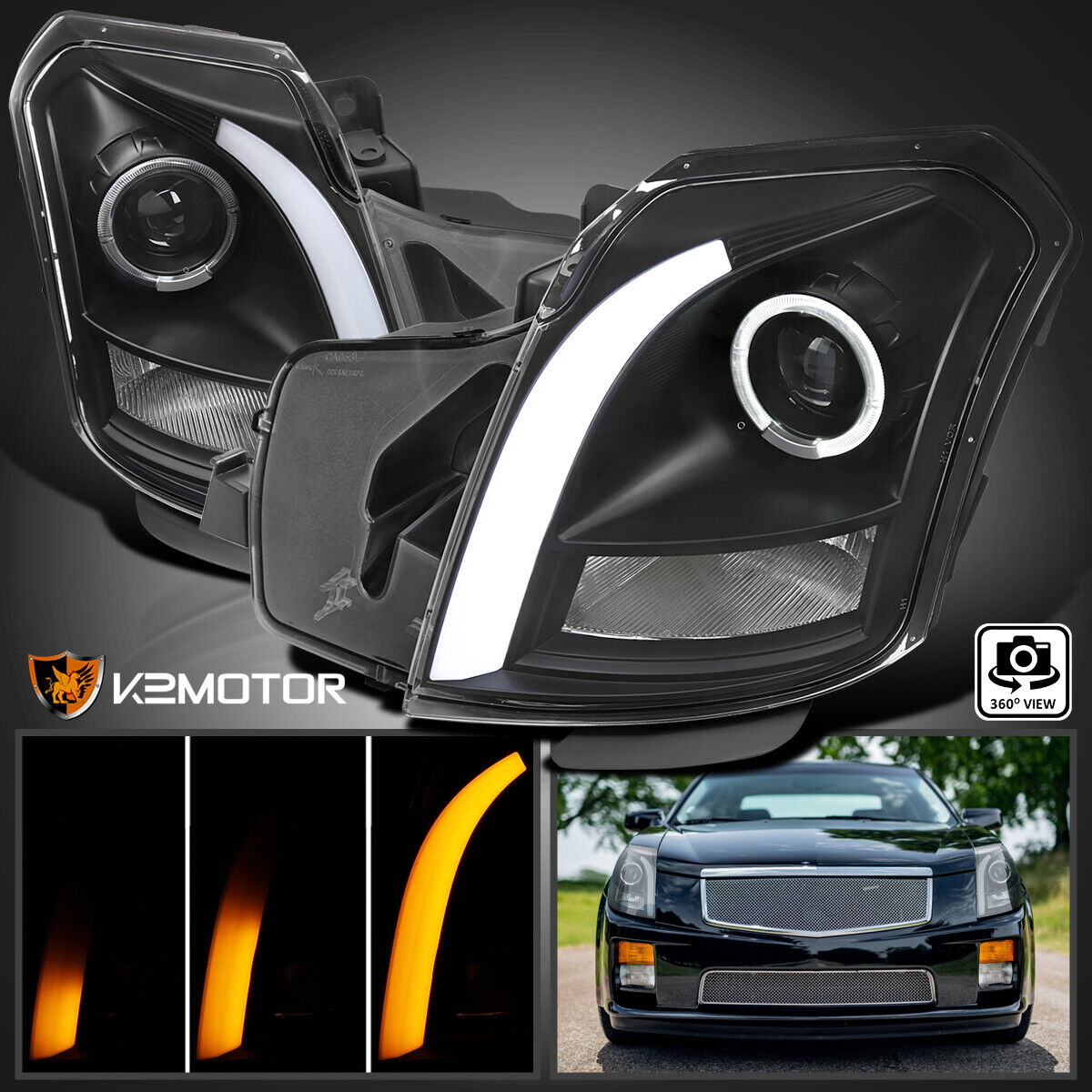 Black Fits 2003-2007 Cadillac CTS Projector Headlights Switchback LED Signal Bar