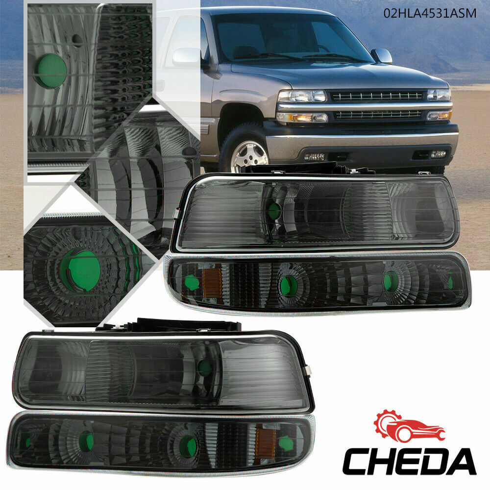 Fit For 99-02 Chevy Silverado Corner Headlights + Signal Bumper Lamps Smoked