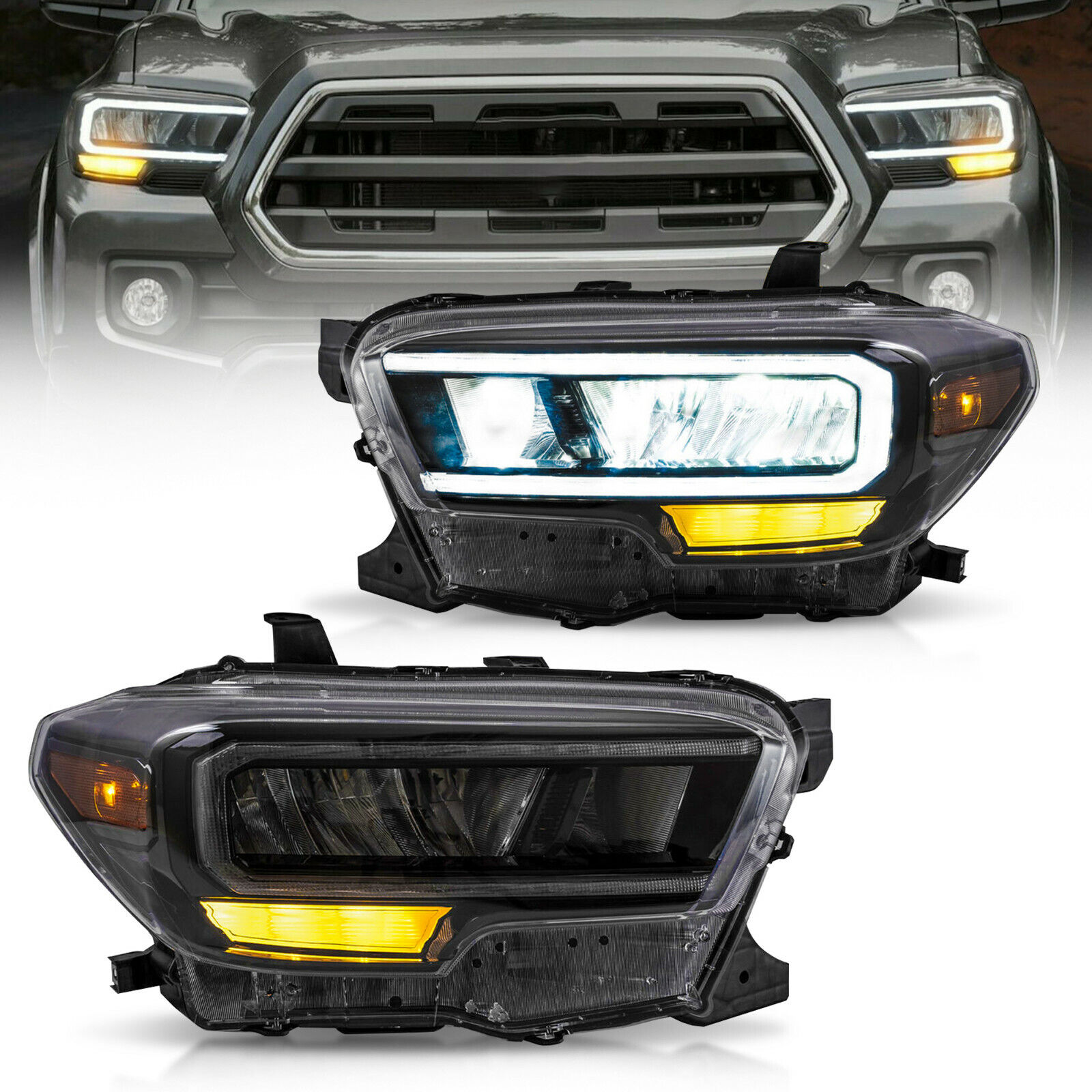 Pair Full LED DRL Reflector Headlights Assembly For 2015-2022 Toyota Tacoma