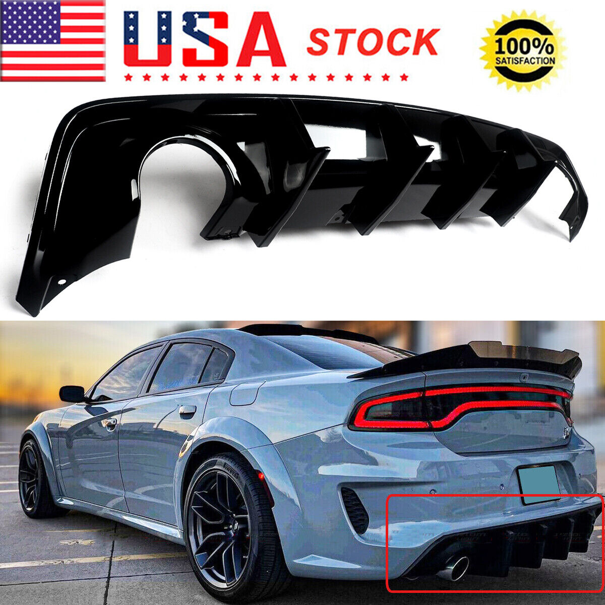 For 2020-2022 Dodge Charger SRT Widebody Shark Fin Rear Diffuser Glossy Black PP