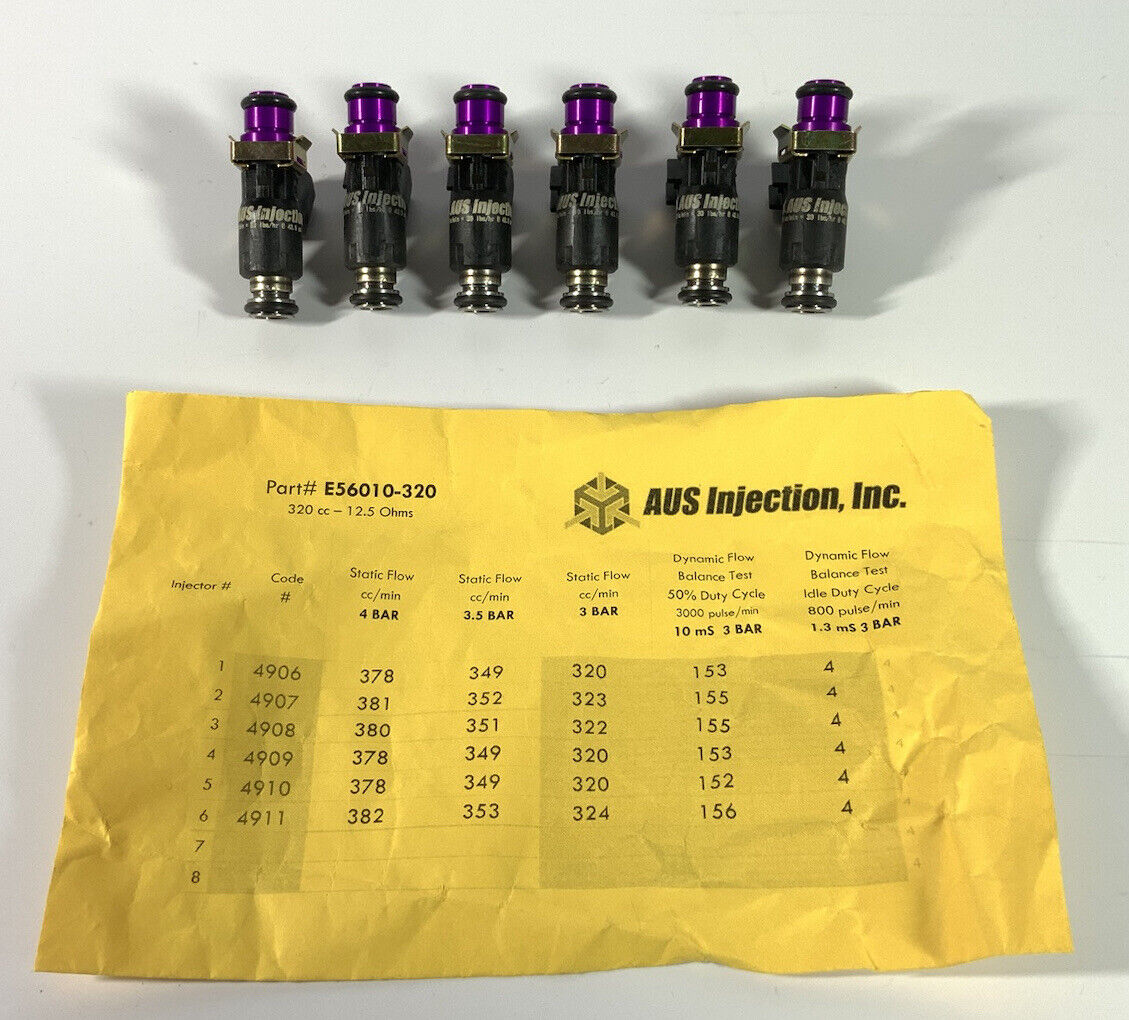 AUS Injection E56010-320-6-S Performance Fuel Injectors 320cc 43 psi 12.5 ohms