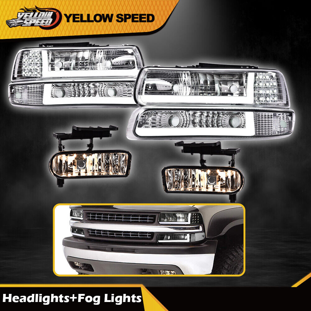 LED DRL Chrome Headlights+Fog Lights Fit For 1999-2006 Silverado Suburban Tahoe