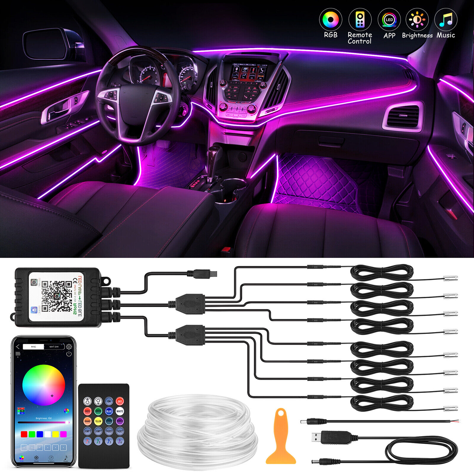 10M RGB 8 LED Car Interior Ambient Guide Light Strip Decor Atmosphere Door Light