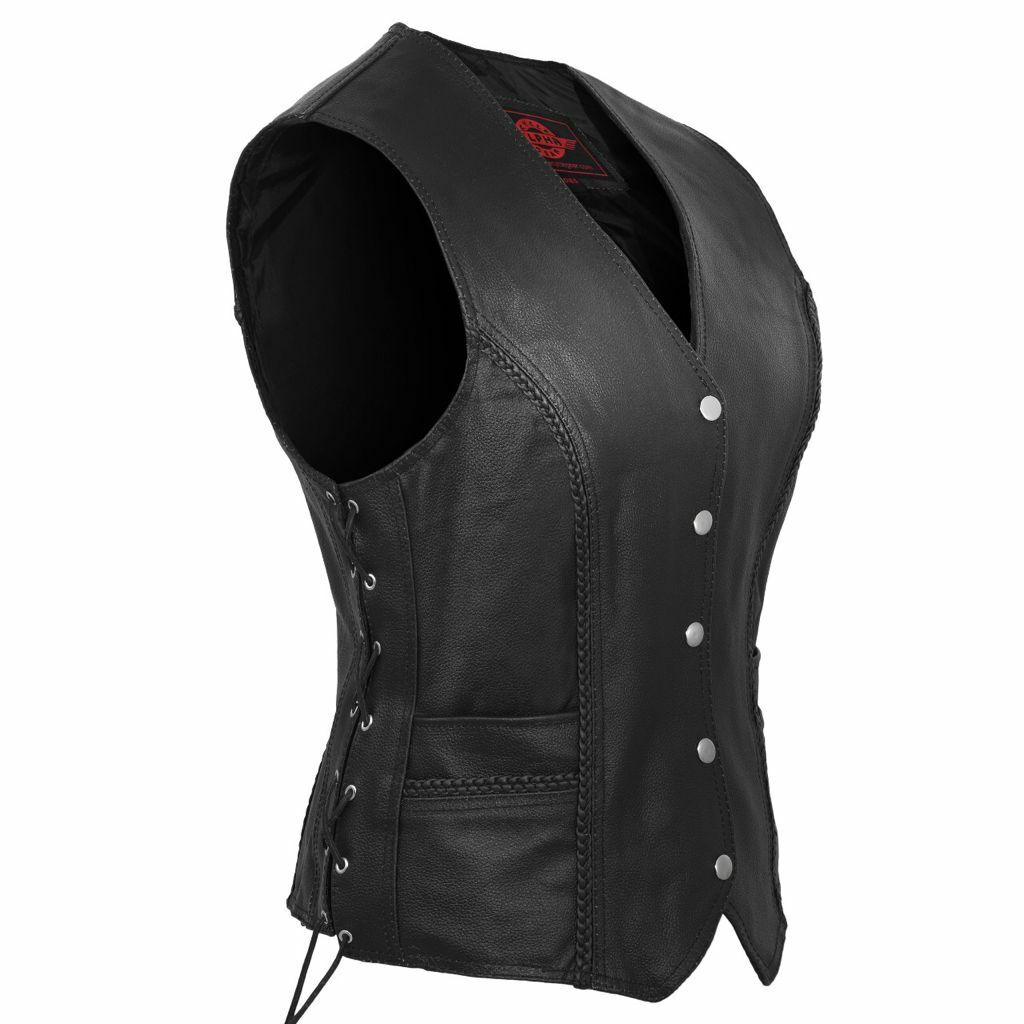 Cowhide Leather Motorcycle Vest Women Riding Club Black Biker Concealed Carry 