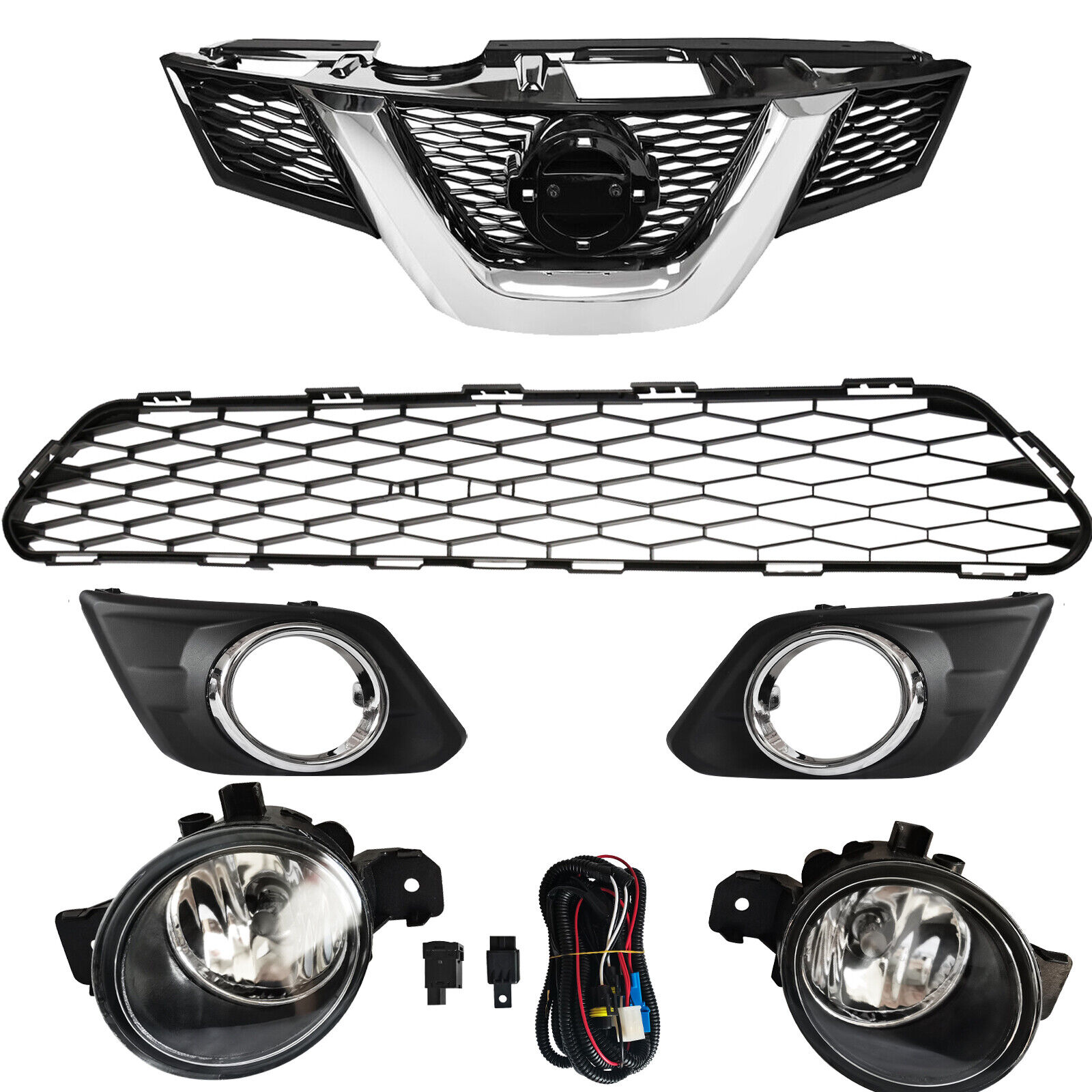 Fits 2014-2016 Nissan Rogue Front Upper and Lower Grille and Fog Light Kit Set