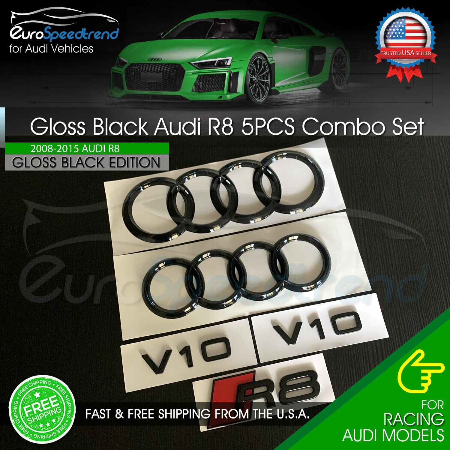 Audi R8 Rings Emblem Gloss Black Side V10 Logo Badge Set OE 5PC 2008-2015