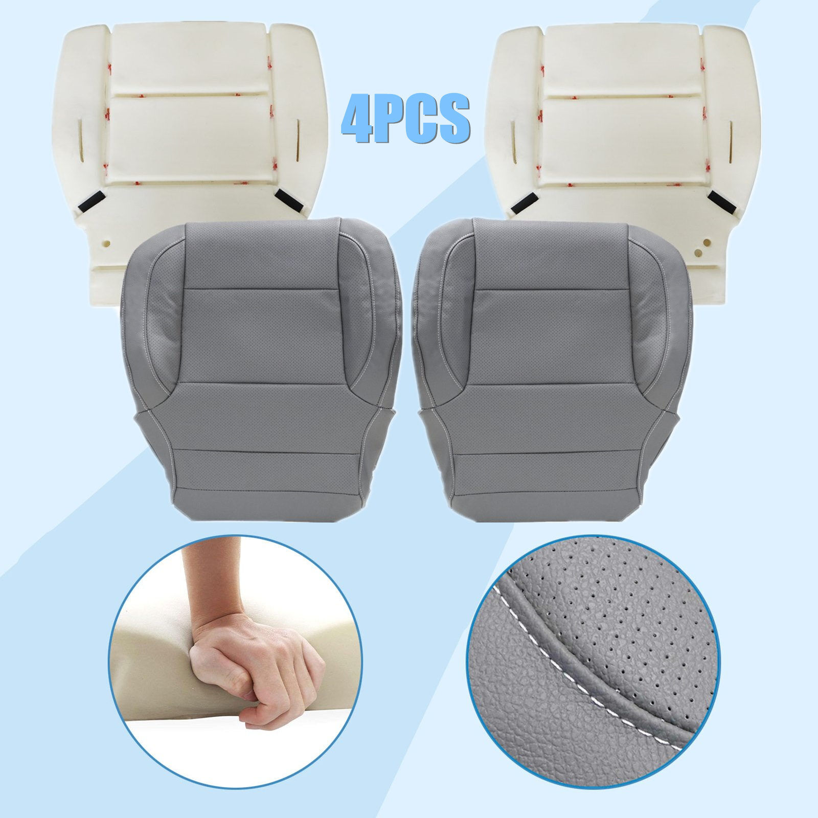 For 2014-2019 GMC Sierra Driver & Passenger Bottom Seat Cover & Foam Pad Gray