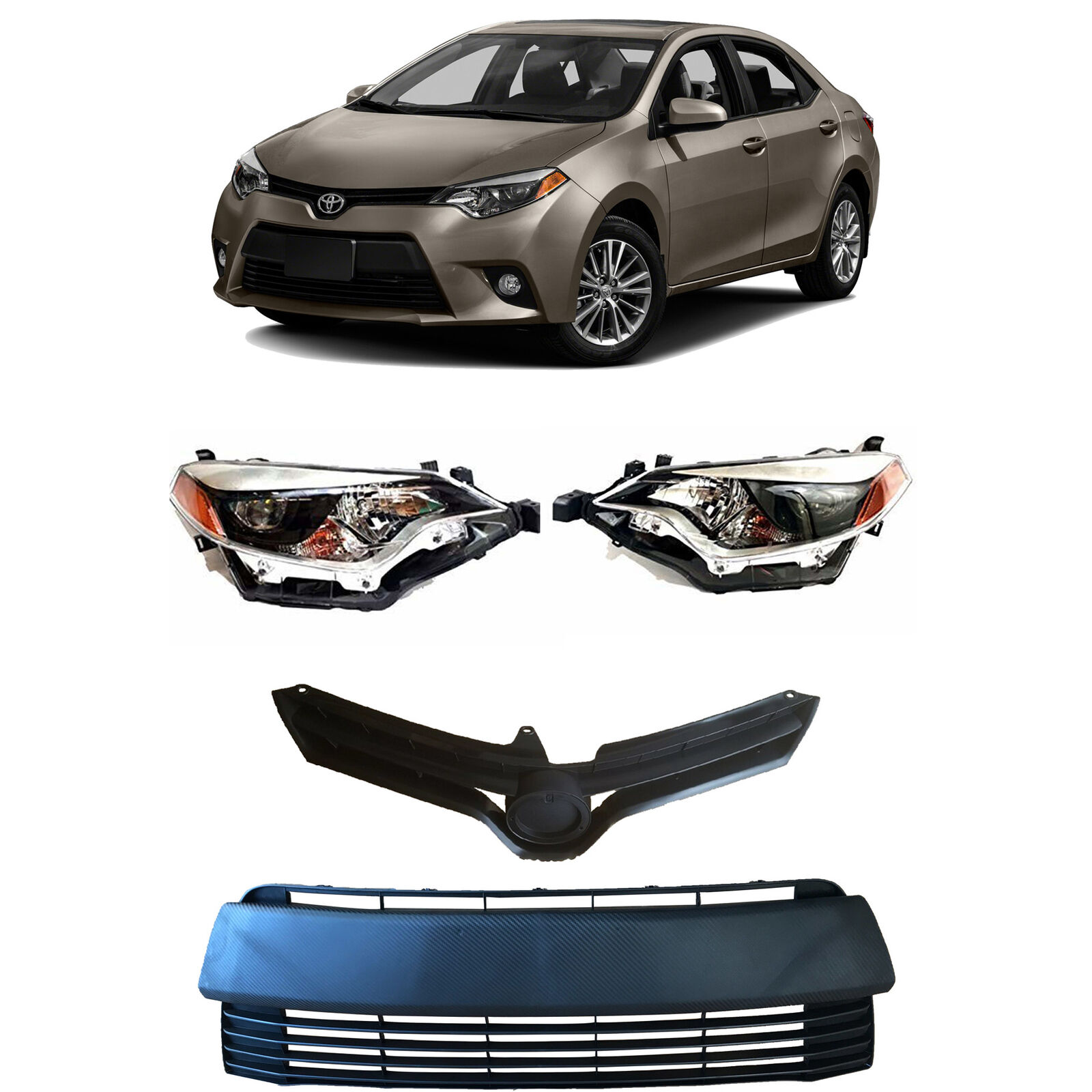 For 2014 2016 Toyota Corolla LE CE LED Headlight Assembly Upper Lower Grille 4pc