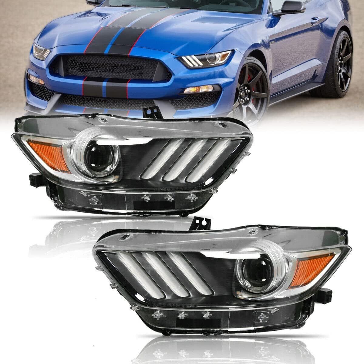 Headlights For 2015 2016 2017 Ford Mustang/GT350 HID/Xenon Projector DRL Lamps