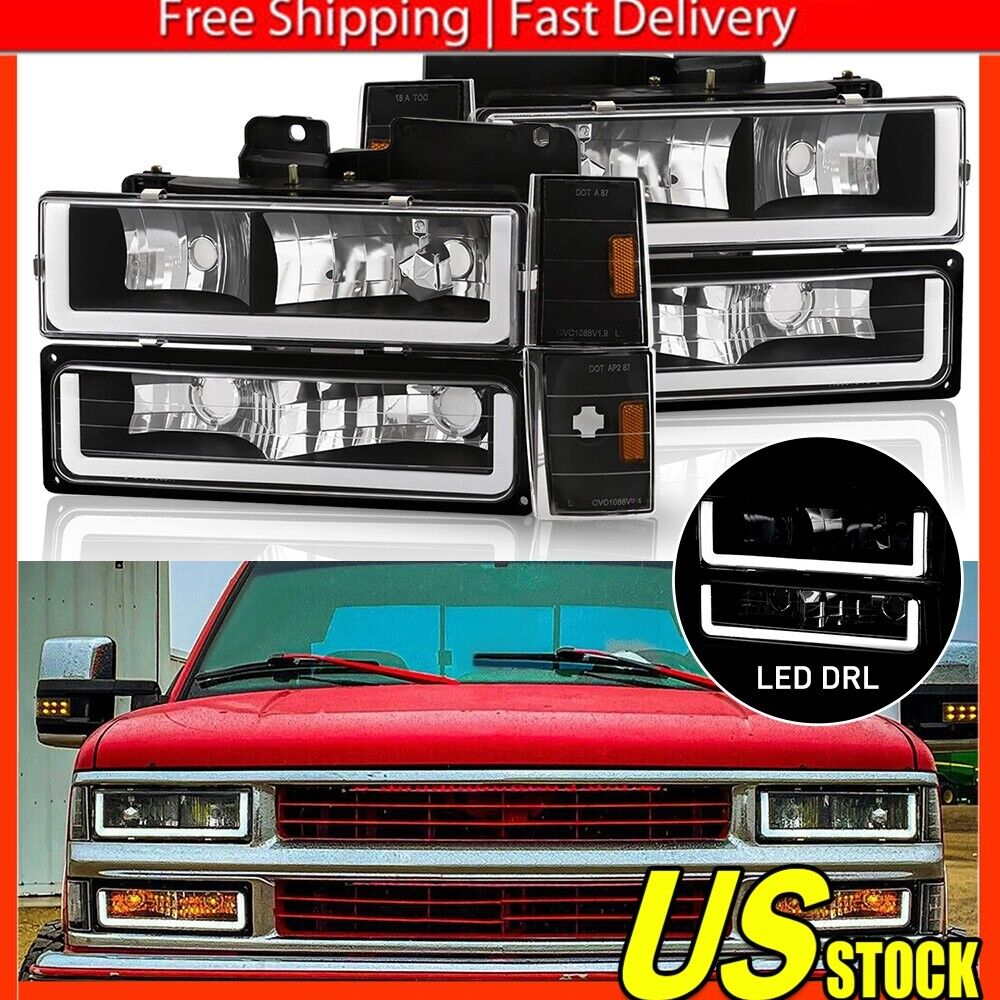 Fits 94-98 Chevy C10 C/K 1500 2500 Tube Black Headlights+Corner+Bumper Lamps DRL
