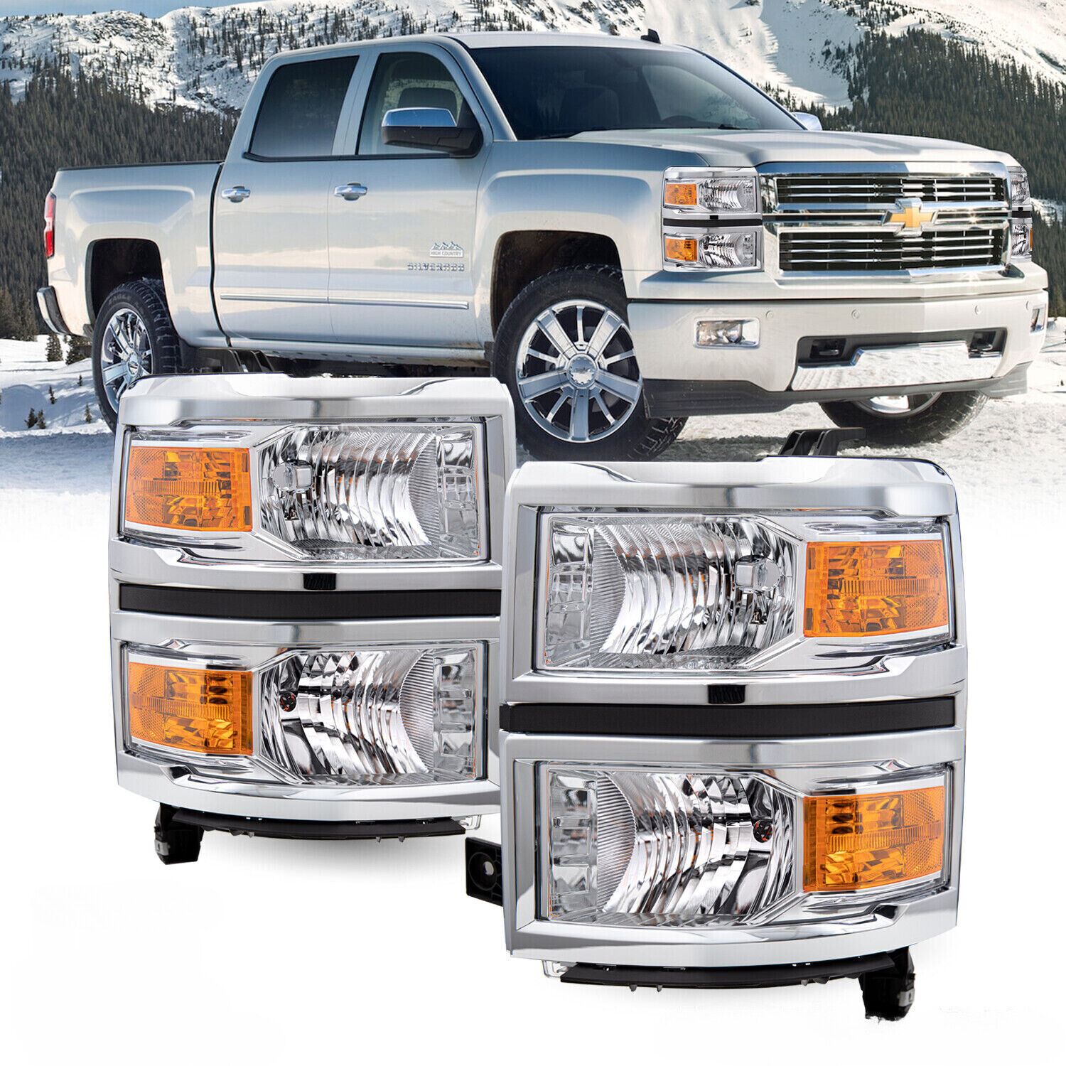 For 2014-2015 Chevy Silverado 1500 Chrome Headlights Headlamps L+R Pairs 14-15