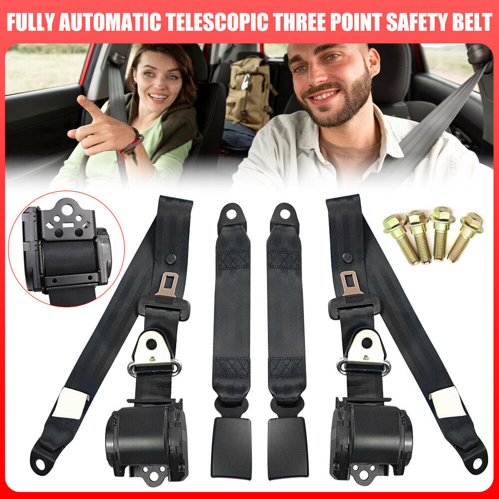 2 Set Retractable 3 Point Car Safety Seat Belt Lap Diagonal Belt Adjustable Belt