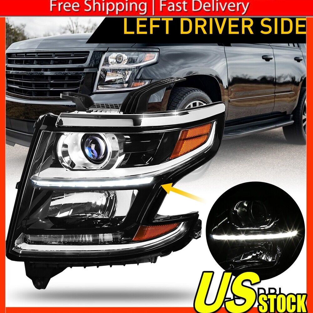 Black Fits 2015-2020 Chevy Tahoe Headlights Lamps Suburban LED Strip Projector