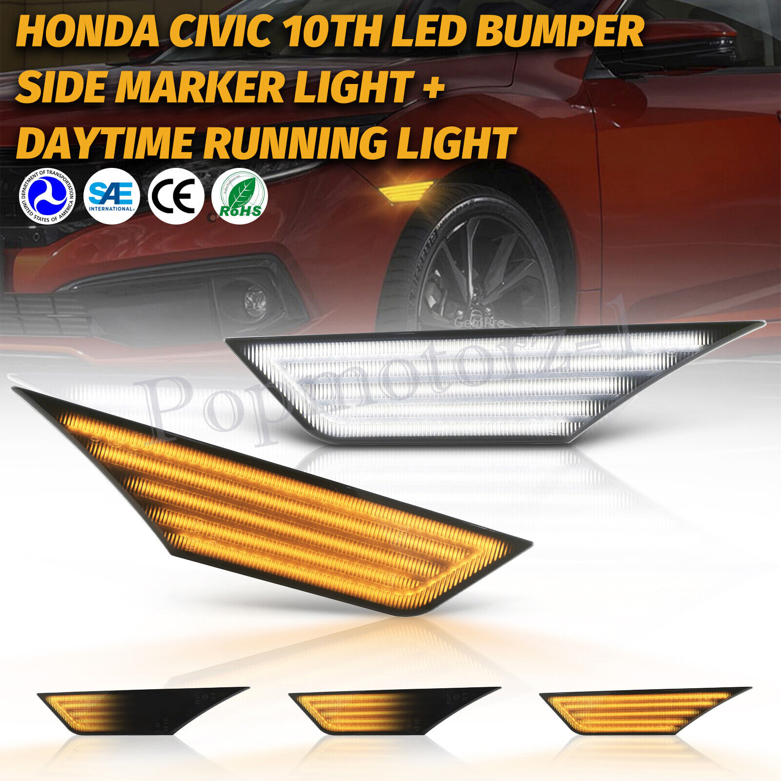 For 16-21 Honda Civic 10th Switchback Smoke LED Bumper Signal Side Marker Lights