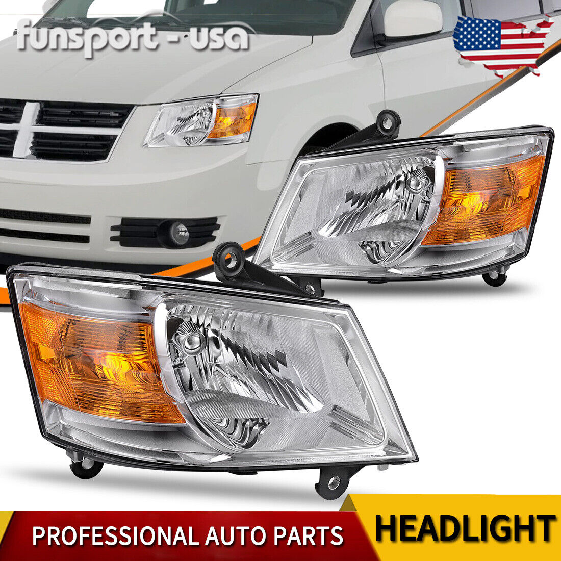 Headlights Replacement For 2008-2010 Dodge Grand Caravan Chrome Amber Side Lamps