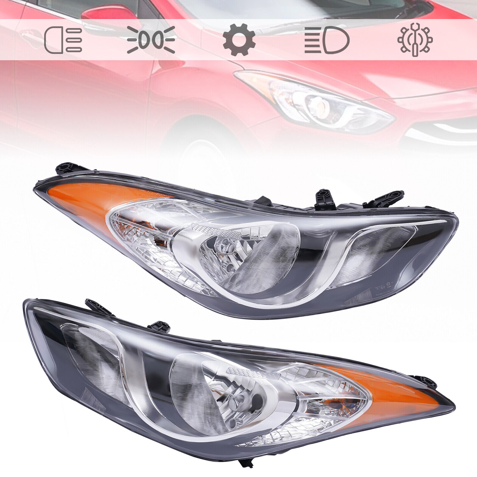 A Pair For 2011 2012 2013 Hyundai Elantra Sedan Headlights Left & Right Headlamp