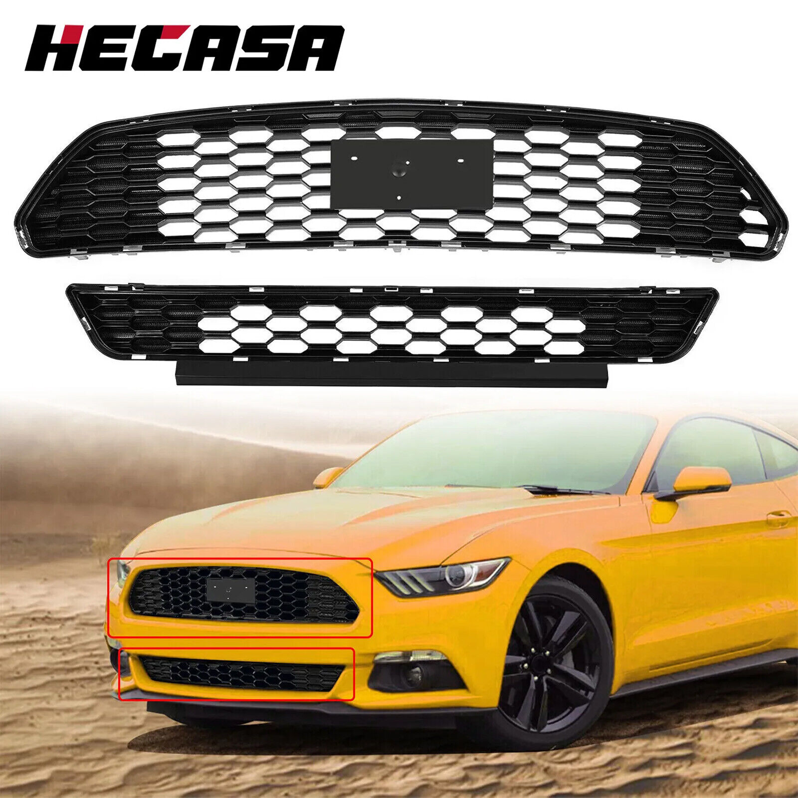 HECASA Front Bumper Grille Grill Upper&Lower For Ford Mustang 2015 2016 2017 GT