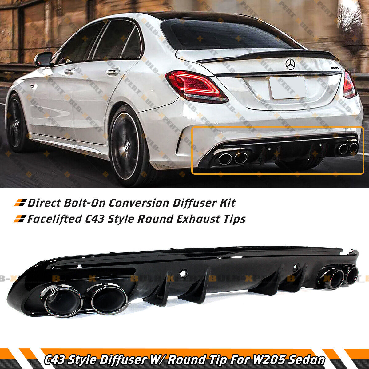 FOR 2015-21 W205 SEDAN C43 STYLE REAR DIFFUSER + ROUND BLACK CHROME EXHAUST TIPS