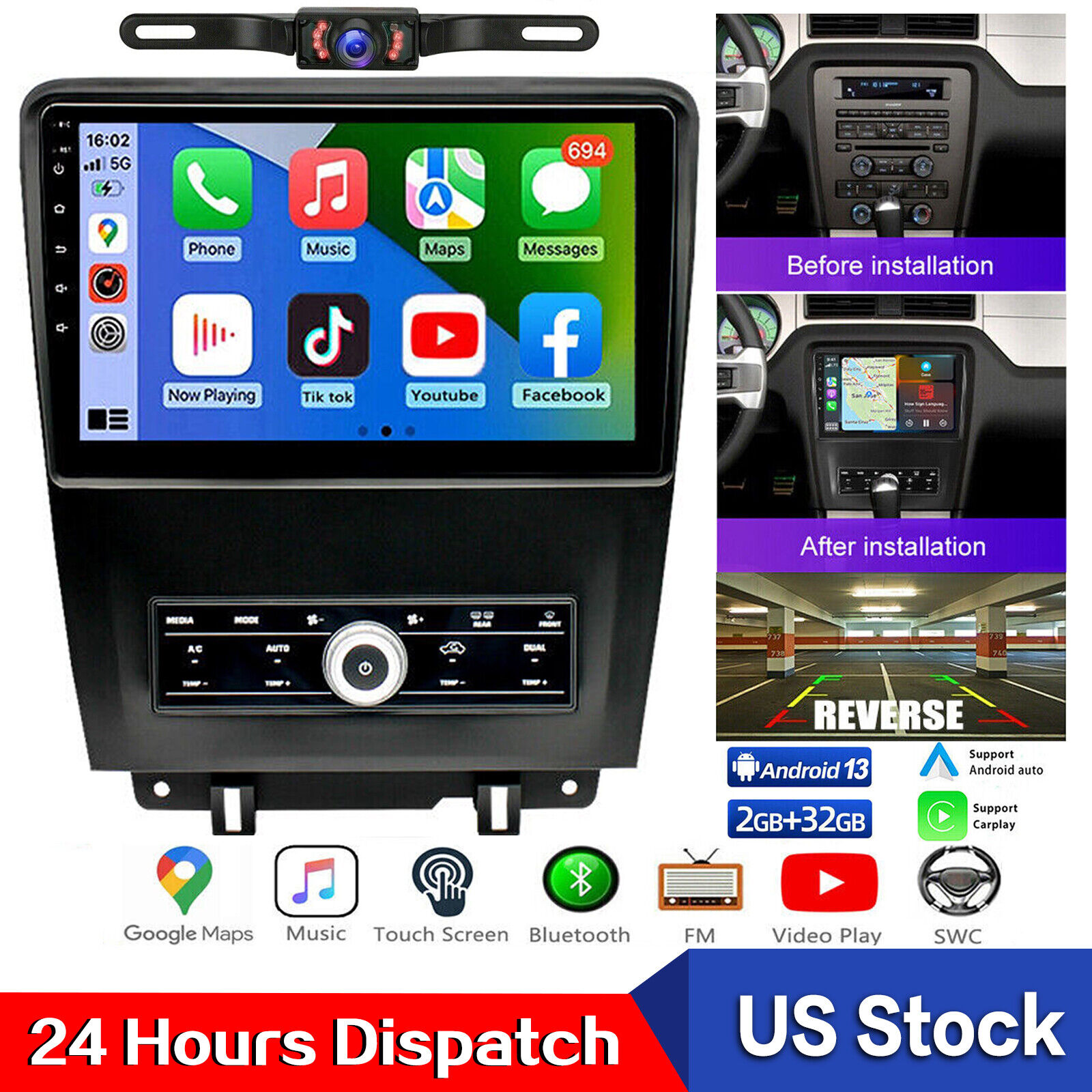  For 2010-2014 Ford Mustang Android 13 Car Stereo Radio 10.1'' GPS Navi CarPlay