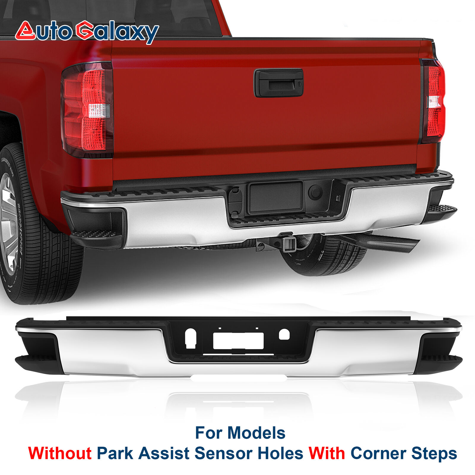 New Chrome Rear Bumper For 14-18 Silverado Sierra 1500 w/o Sensor w/Corner Steps