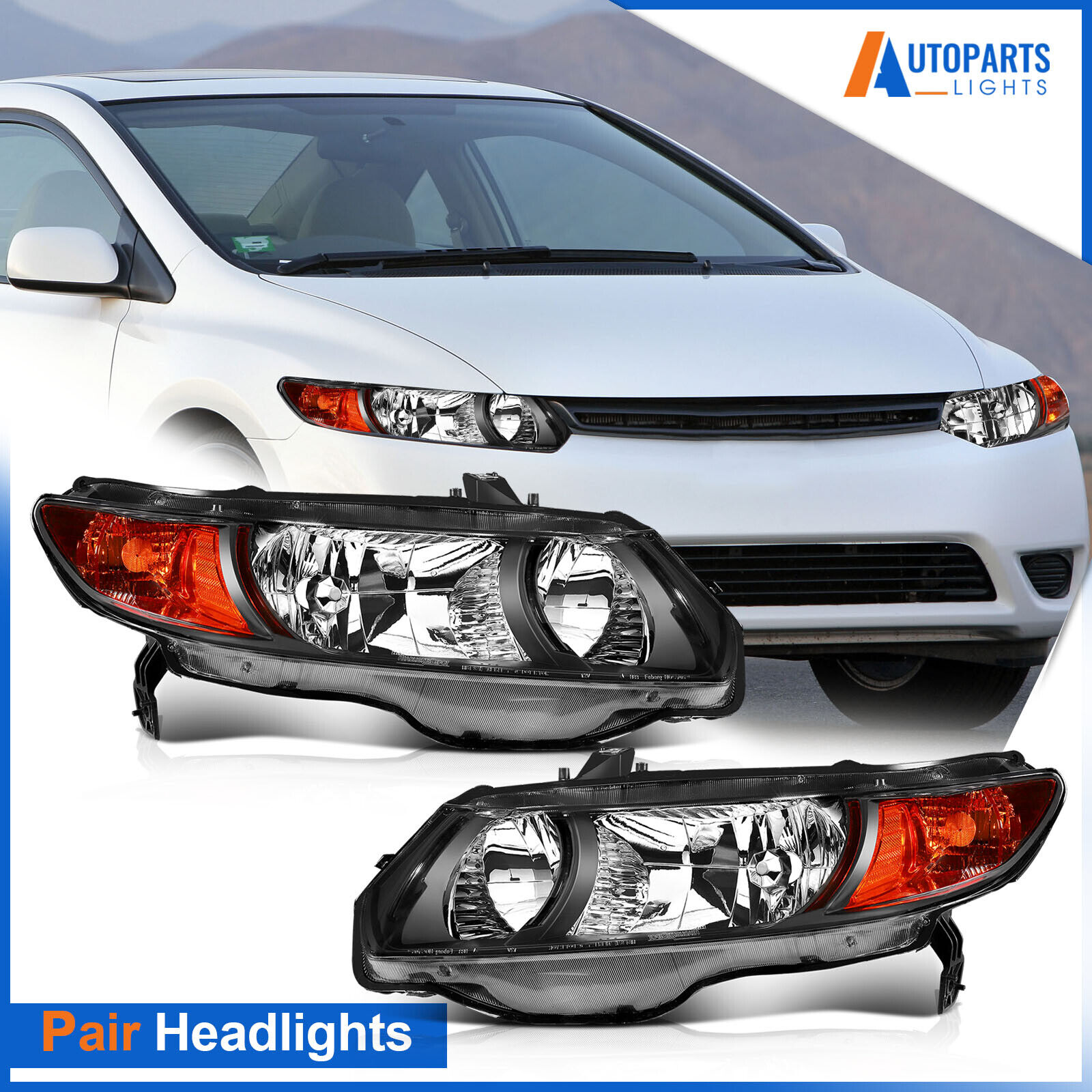 For 2006-2011 Honda Civic Coupe 2-Door Black Housing Pair Headlight Assembly