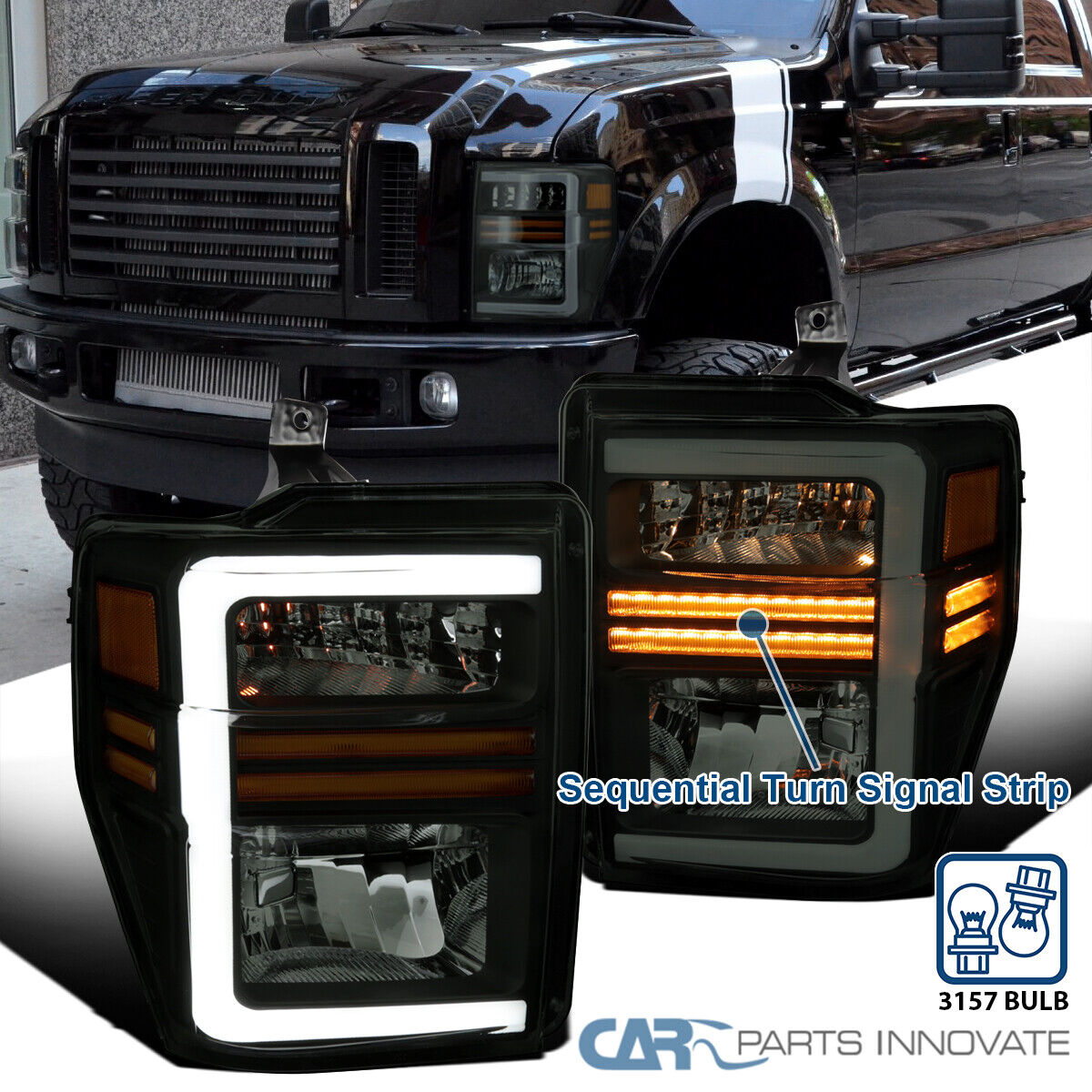 For 2008-2010 Ford F250 F350 Super Duty Black Smoke Headlights w/ LED Sequential