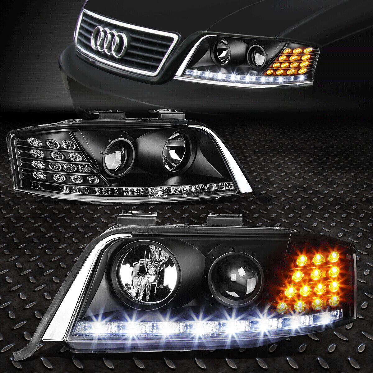 FOR 1998-2001 AUDI A6/QUATTRO BLACK HOUSING PROJECTOR HEADLIGHT LED DRL+SIGNAL