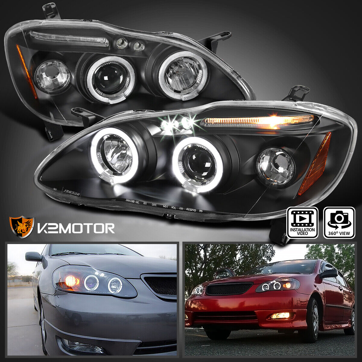 Fits 2003-2008 Toyota Corolla Black LED Halo Projector Headlights Left+Right