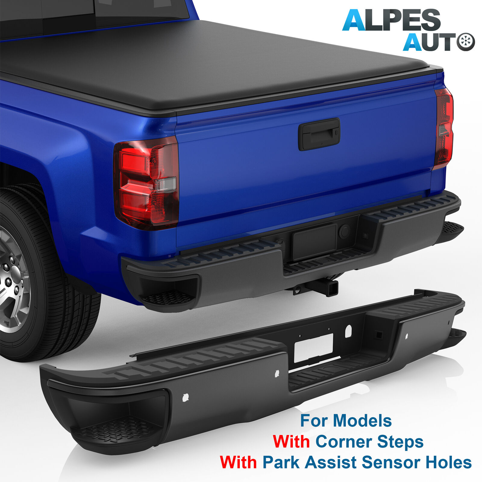 Black Rear Bumper For 14-18 Chevy Silverado GMC Sierra 1500 w/Sensor Corner Step
