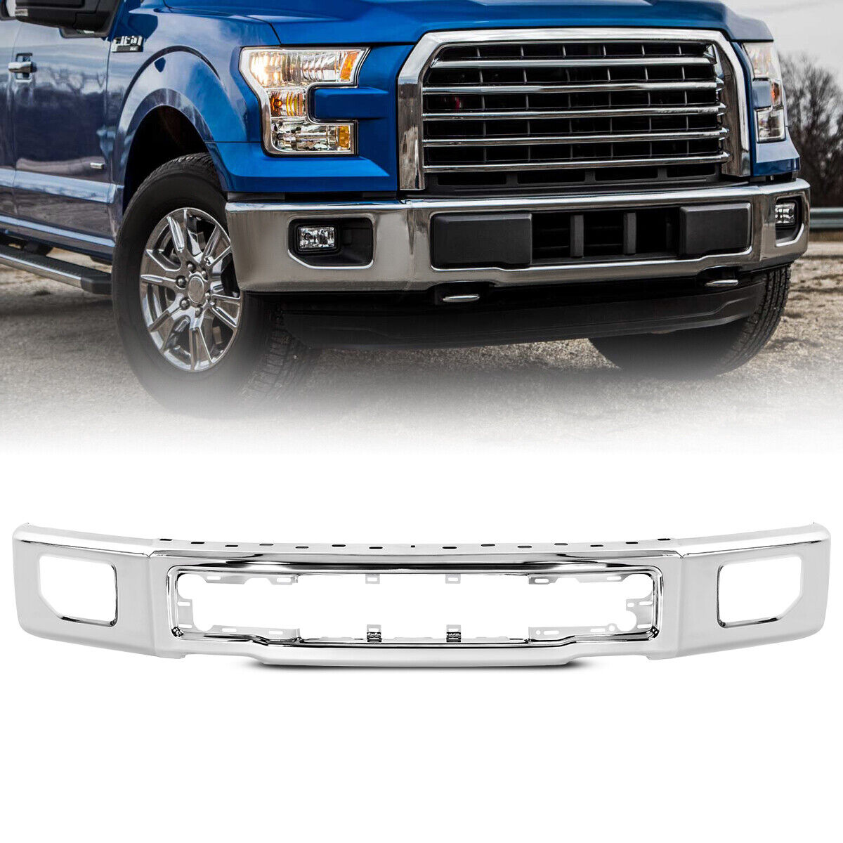 Chrome Steel Front Bumper Face Bar for 2015-2017 Ford F-150 w/ Fog Light Hole