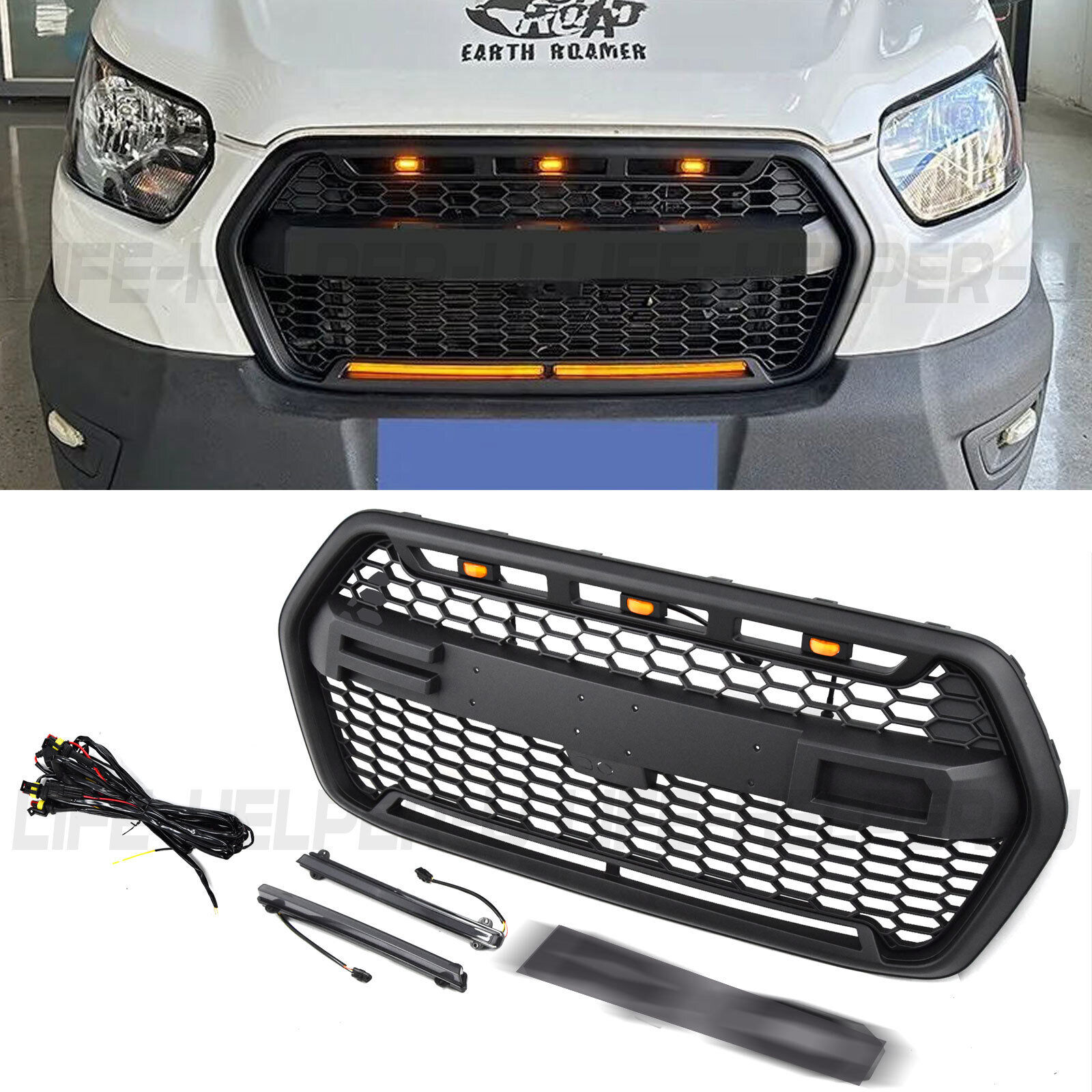 For 2020-2024 Ford Transit T150 T250 T350 Front Grille With LED Lights Black
