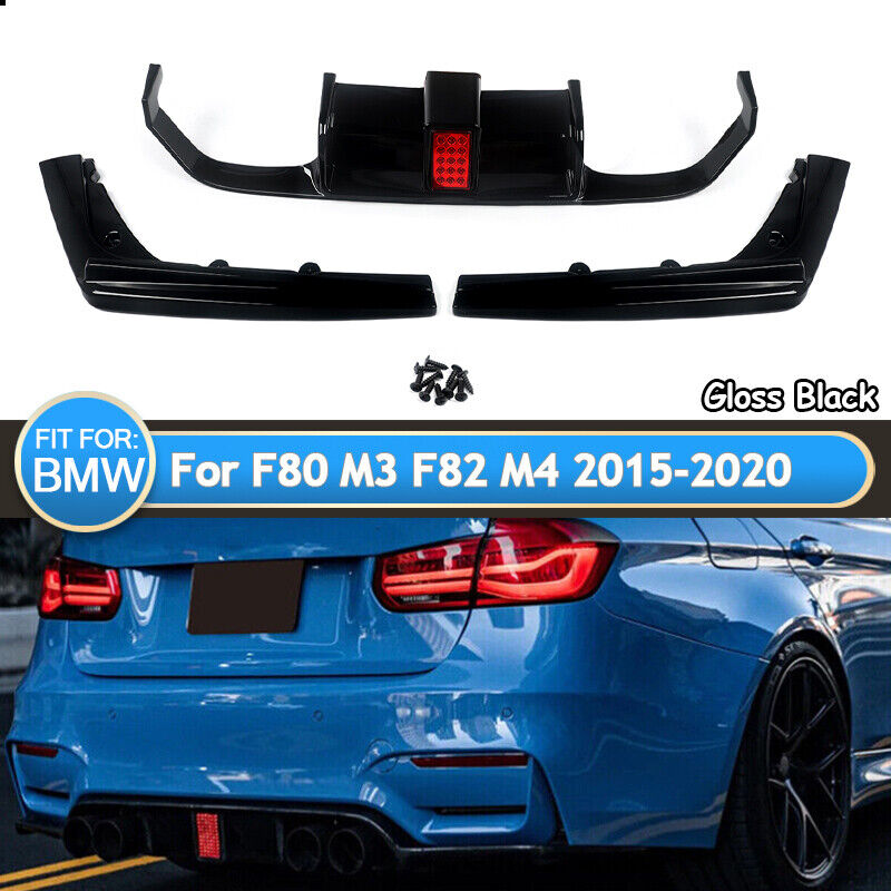 For 2015-20 BMW F80 M3 F82 F83 M4 Gloss Black V Style Rear Bumper Diffuser W/LED