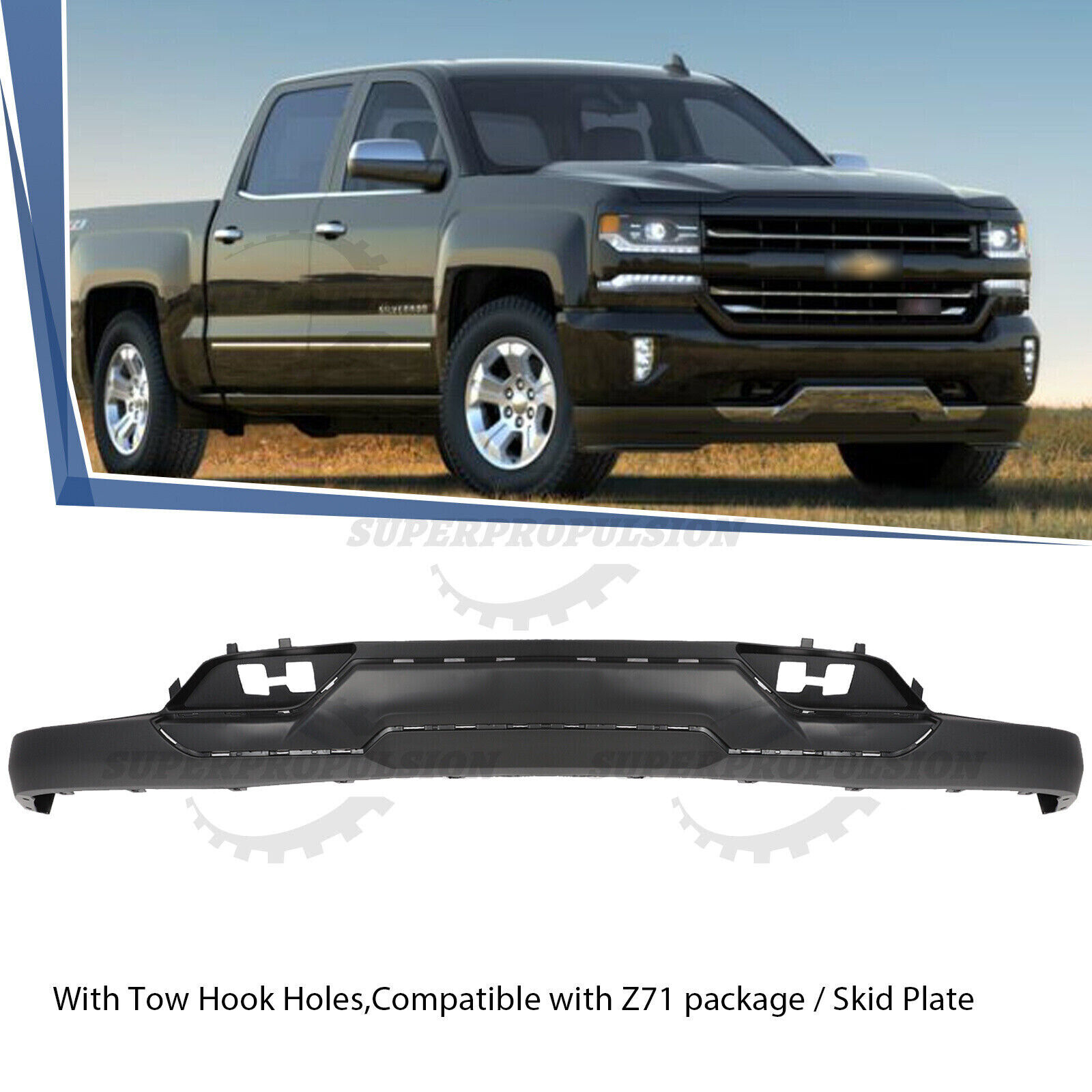 For Silverado 1500 2016-2019 Front Bumper Valance With Tow Hook Holes