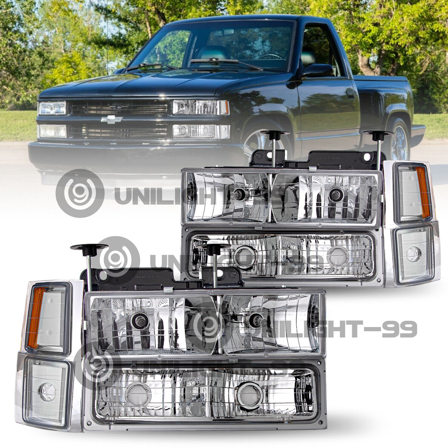 For 1994-1998 Chevy C/K Tahoe Chrome Amber Bumper Lamps Headlights 94-98 8pcs