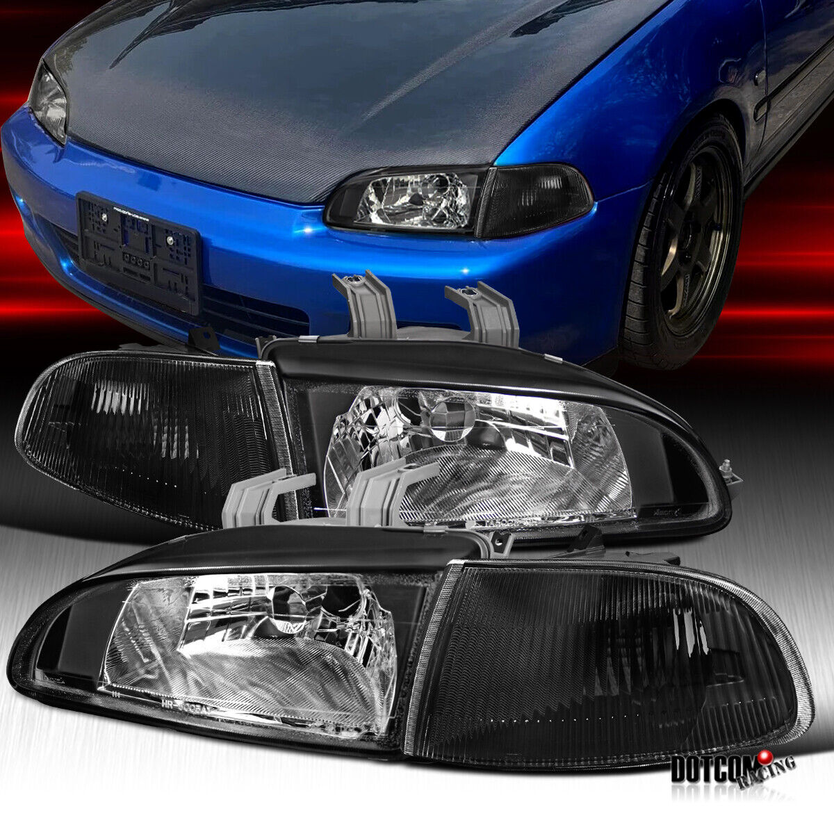 Fit 1992-1995 Honda Civic EG Black Driving Headlights+Corners Lamps Lights Pair
