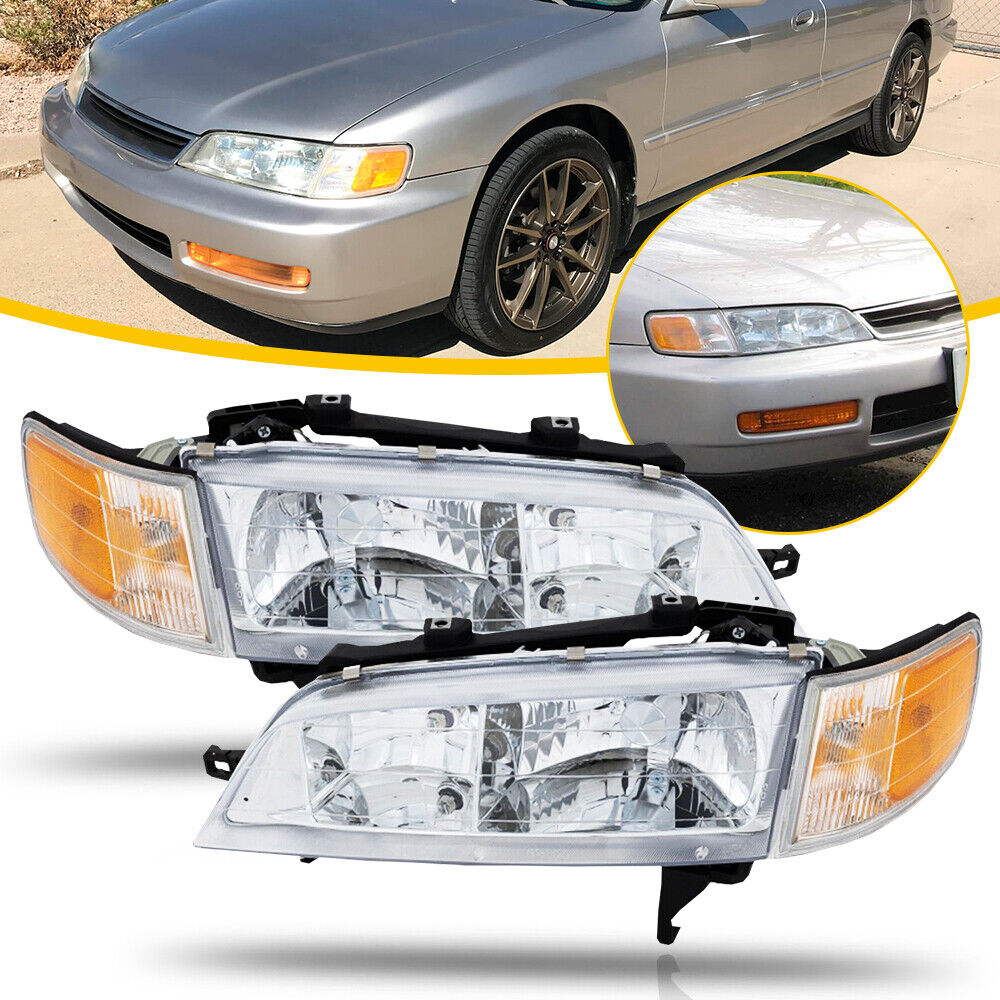 For 94-97 Honda Accord Clear Headlights Assembly + Amber Corner Reflector Lamps