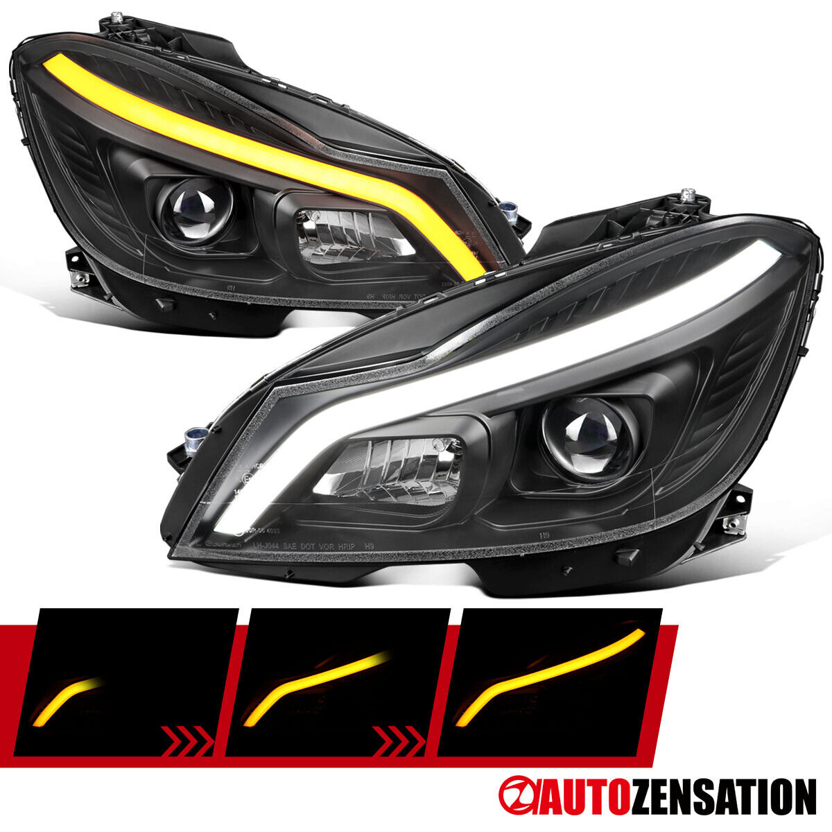 Fit 2012-2014 Benz W204 C250 C300 C350 Black Projector Headlights LED Sequential