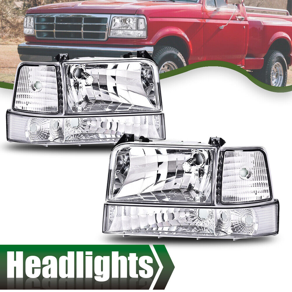 Fit For 92-96 Ford F-150 Bronco Chrome Headlights+Clear Reflector Bumper Lamps
