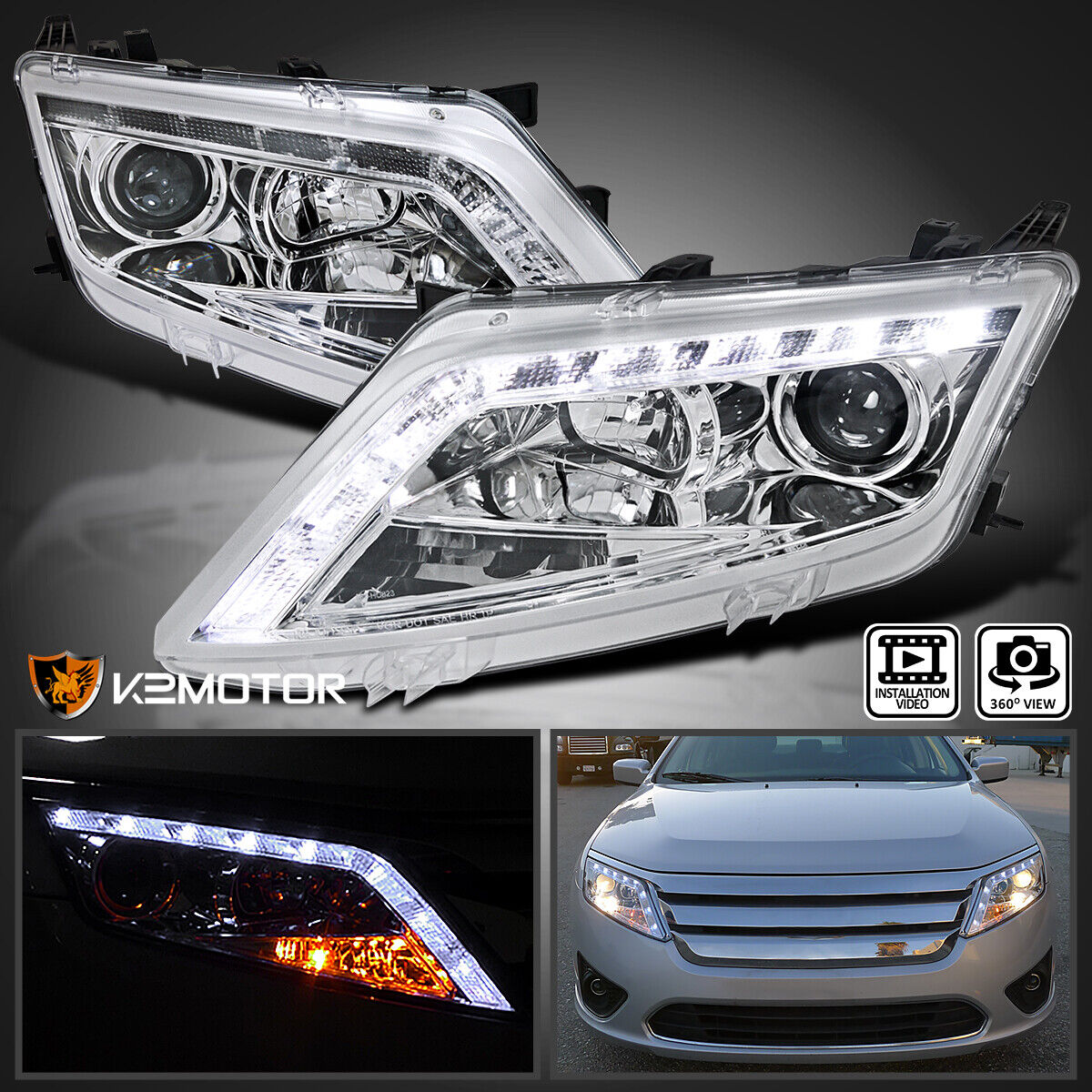 Fits 2010-2012 Ford Fusion LED Strip Projector Headlight Head Lamps Left+Right
