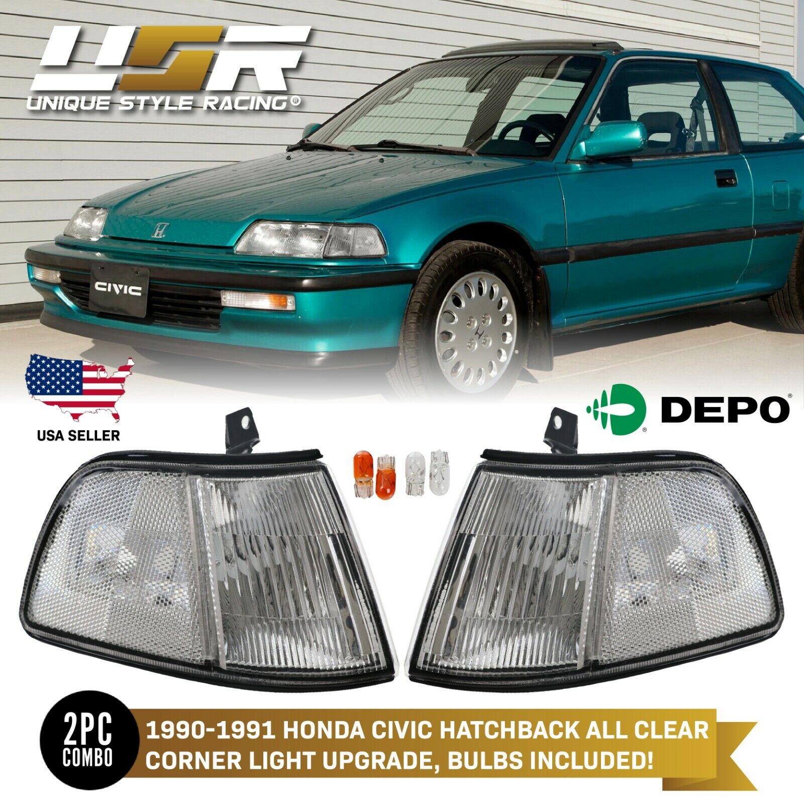 DEPO JDM Clear Front Corner Lights For 1990-1991 Honda Civic 3 Door / Hatchback