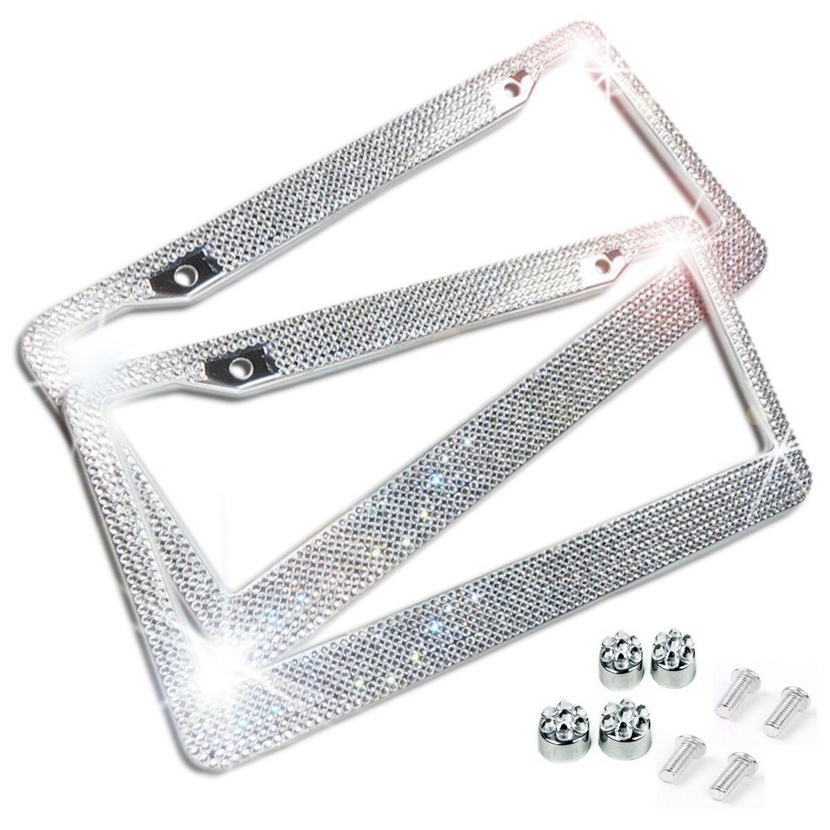 2x Metal License Plate Frame Bling Rhinestone Chrome Crystal Diamond