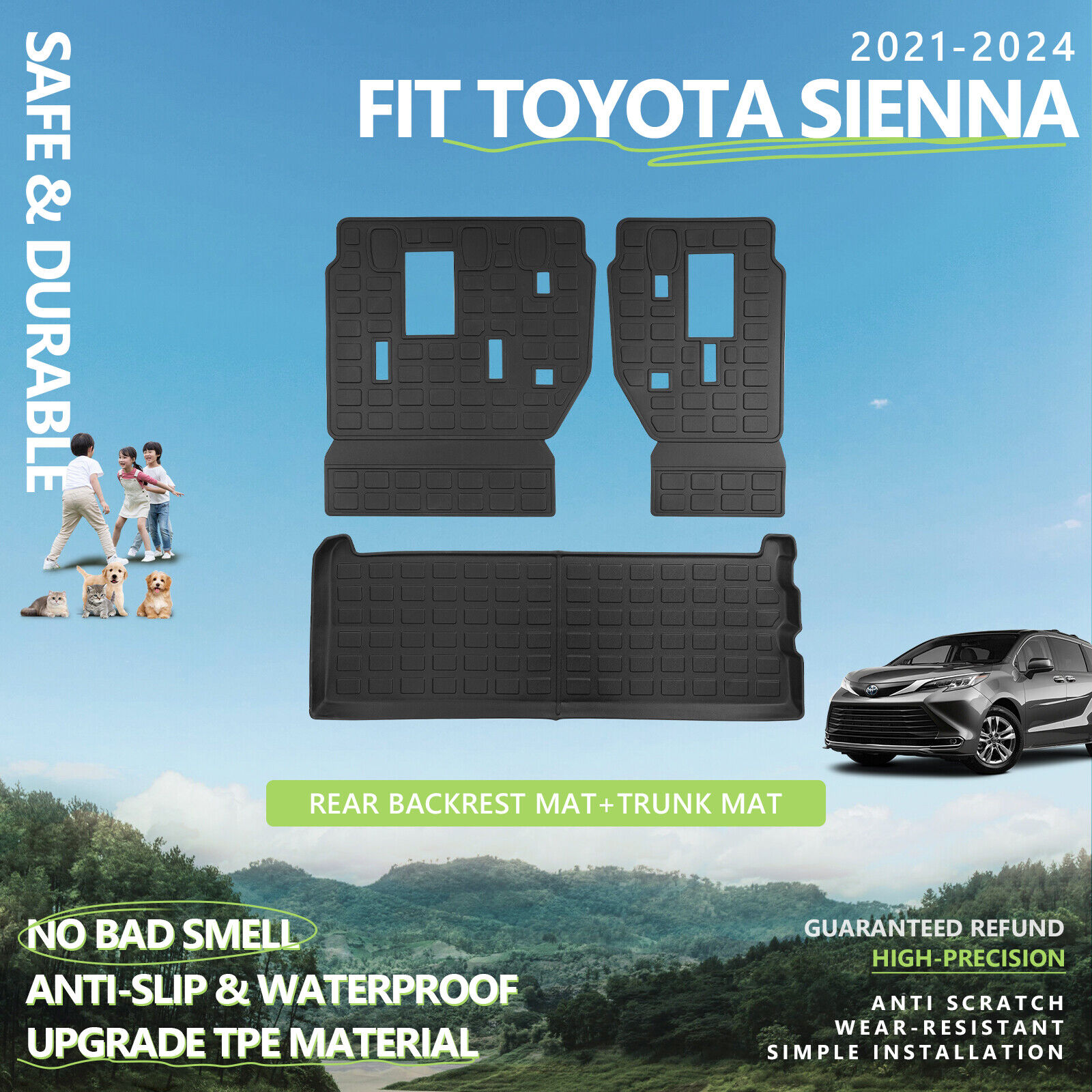 For 2021-2024 Toyota Sienna 3rd Row Cargo Liner Rear Trunk Liner Backrest Mats