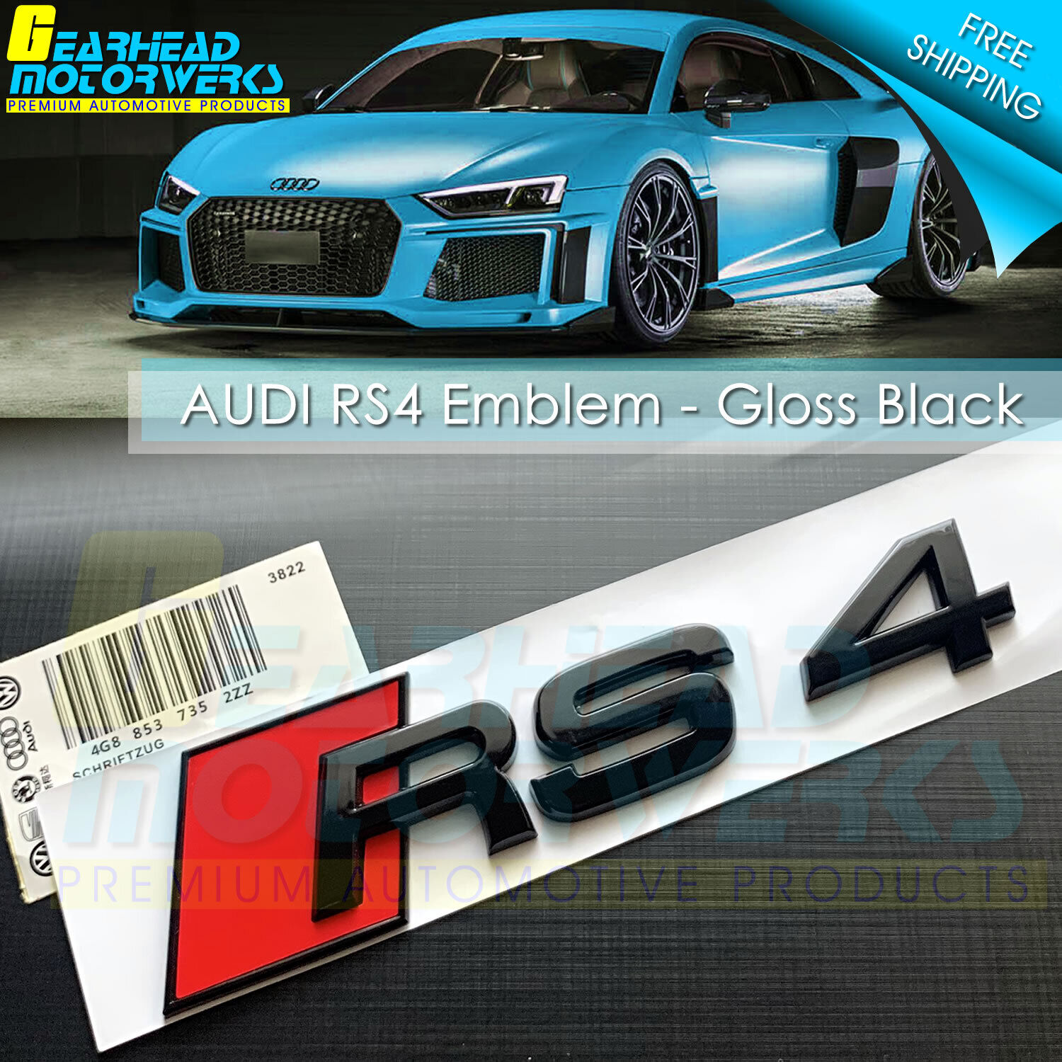 Audi RS4 Gloss Black Emblem 3D Badge Rear Trunk Tailgate fit Audi RS4 S4 A4 Logo