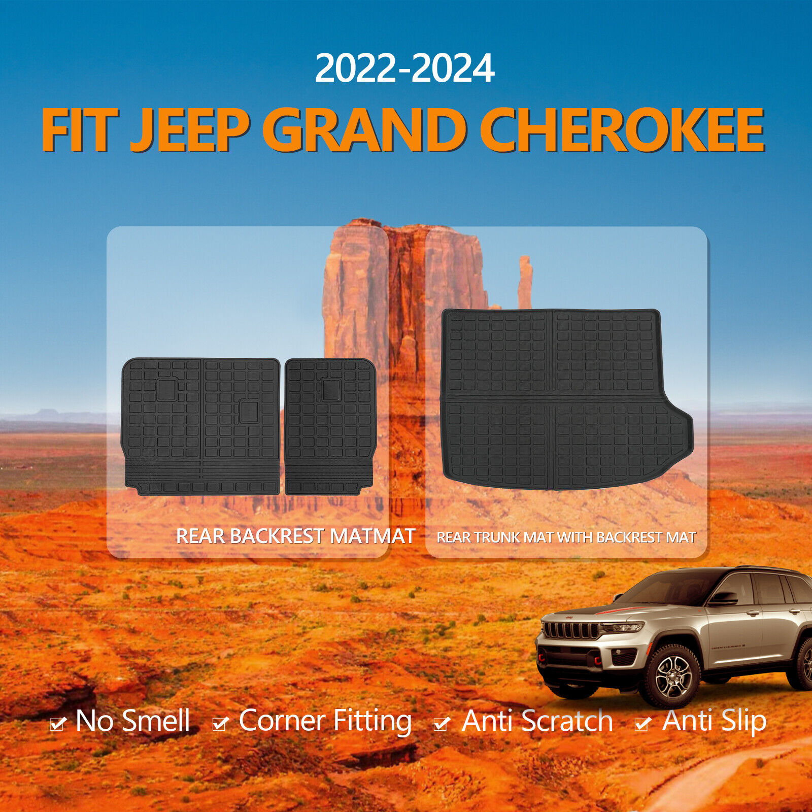 Trunk Mat Backrest Mats Cargo Liners For  2022-2024 Jeep Grand Cherokee 5-Seat