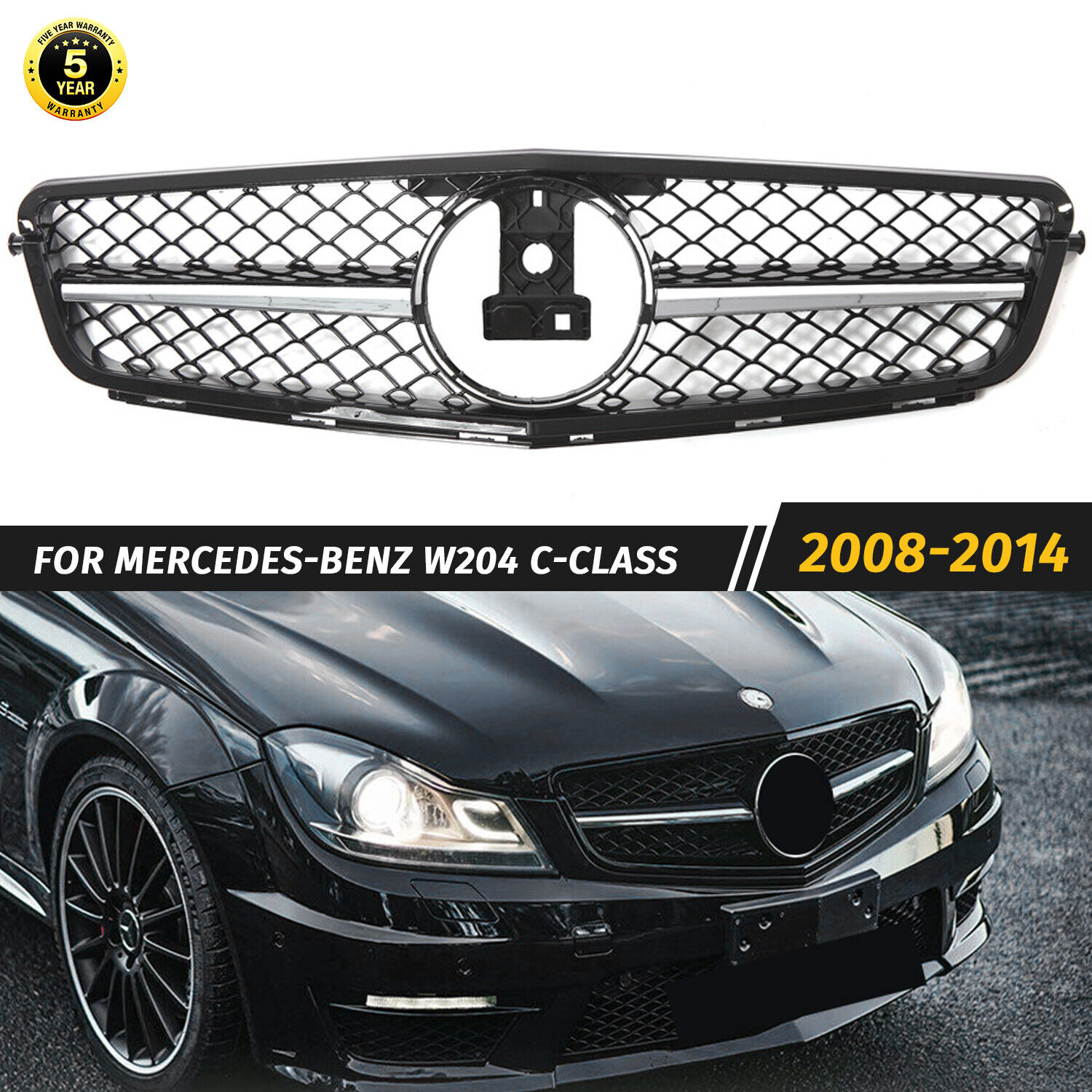 Black AMG Style Grille For Mercedes Benz C Class W204 C180 C350 C250 2008-2014