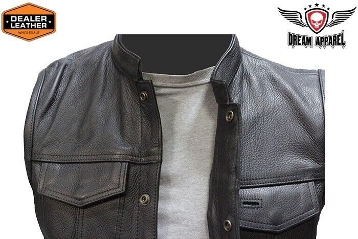 Concealed Carry Leather Outlaw MC Club & Biker Vest - 