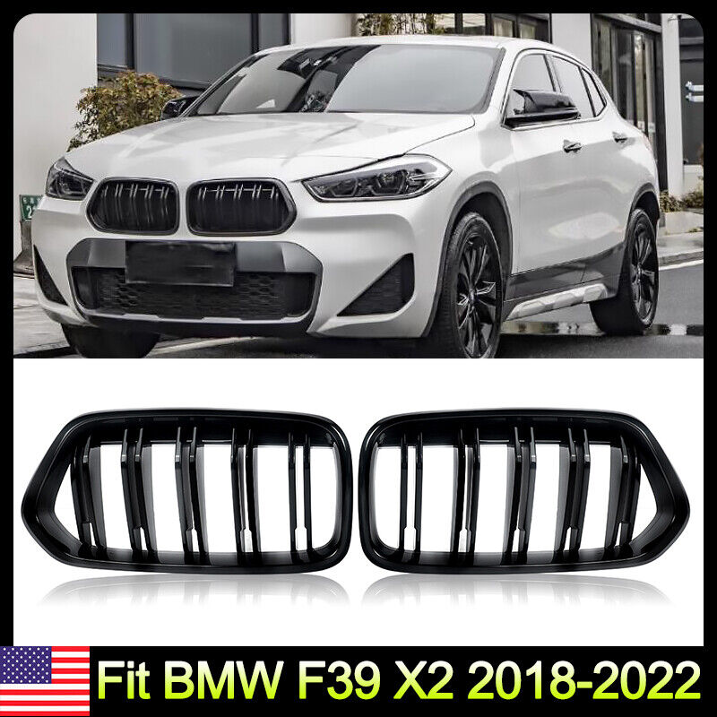 For BMW F39 X2 2018-2022 Dual Slats Front Kidney Hood Grille Replace Gloss Black